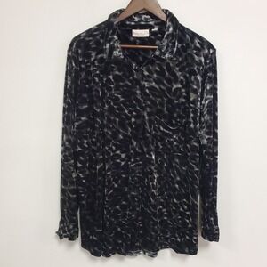 Belle Kim Gravel Womens Animal Print‎ Long Sleeve Button Up Velvet Top Size 1X